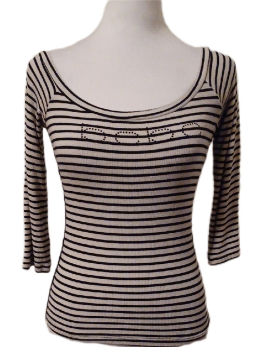 << BEBE Black & White Striped Scoop Neck Top Women's Size Medium